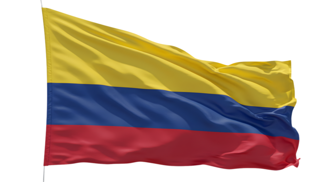 Vibrant Colombian flag waving against a clear blue sky, symbolizing national pride and cultural identity