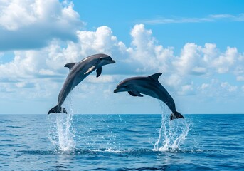 Obraz premium Dolphins leaping joyfully in ocean under sunny sky