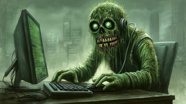 Undead Gamer Zombie Using Computer in Post-Apocalyptic Cityscape