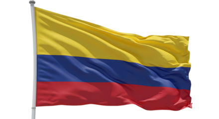 Vibrant Colombian flag waving in the wind, symbolizing national pride against a clear blue sky backdrop