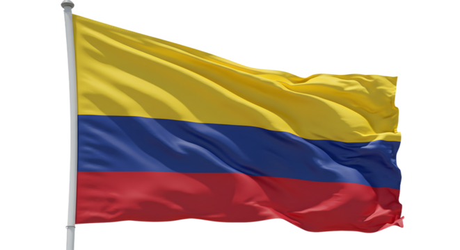 Vibrant Colombian flag waving in the wind, symbolizing national pride against a clear blue sky backdrop