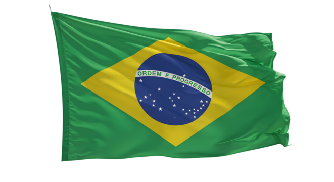 Vibrant Brazilian flag waving against a clear blue sky, symbolizing national pride and cultural identity (1) - Powered by Adobe