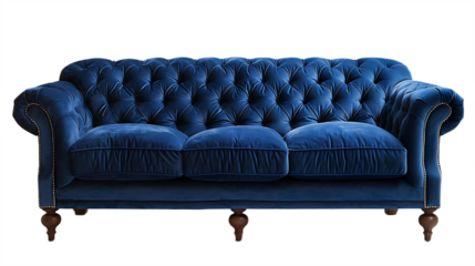 Elegant blue plush couch isolated on transparent background