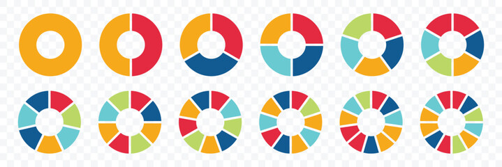 Circle icons for infographic. Set of pie charts diagrams. Circle section graph. Different color circles. 