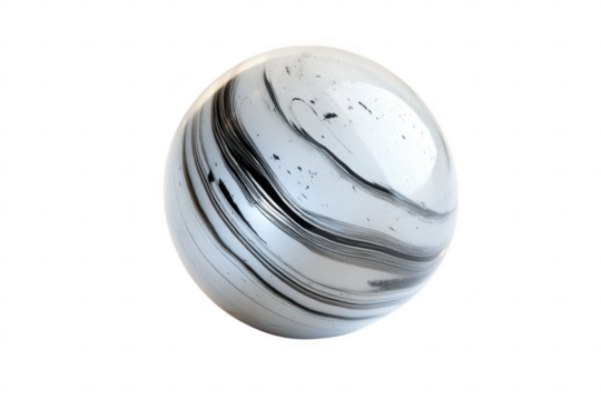 Glossy glass marble sphere with black swirling lines and reflection isolated on a transparent background