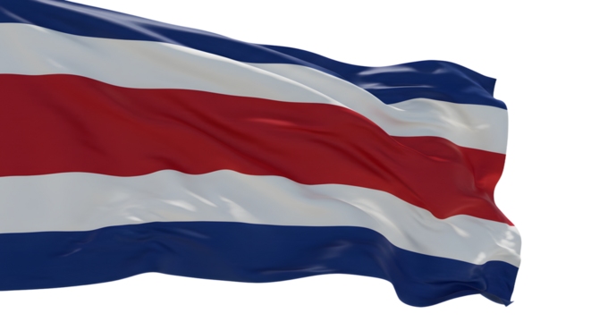 Vibrant Costa Rican flag waving gracefully in the wind, symbolizing national pride against a clear blue sky