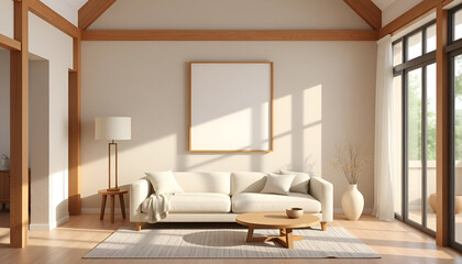 Fototapeta premium wide japandi living room with wood accents, textured walls, empty frame mockup above sofa, soft light and neutral palette decor