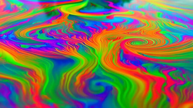 Abstract iridescent rainbow surface pattern with swirling neon colors, liquid soap film macro with vibrant green, pink, orange, and blue waves.