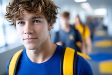 Fototapeta premium Teenage Boy School Hallway Backpack Student Portrait