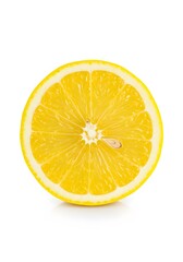 Close-up view of a sliced lemon on a dark surface.