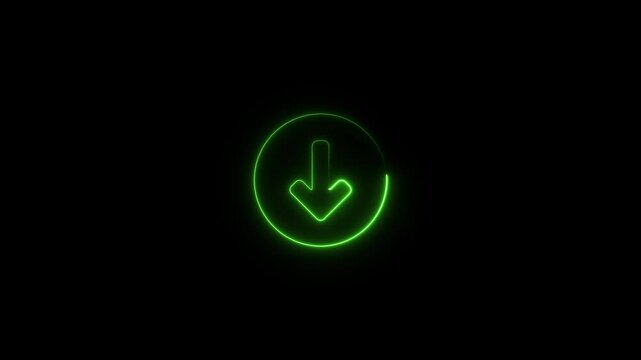 glowing neon down-arrow icon animation black background. 4K Video motion graphic animation.