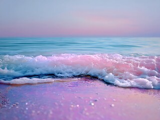 Fototapeta premium Dreamy pastel waves rolling onto a pink and purple shore at dusk