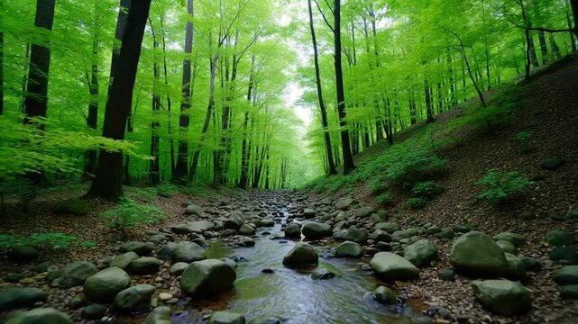 A forest filled with lots of green trees and rocks