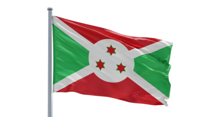 Vibrant flag of Burundi waving against a clear blue sky, symbolizing national pride and unity, with no distractions