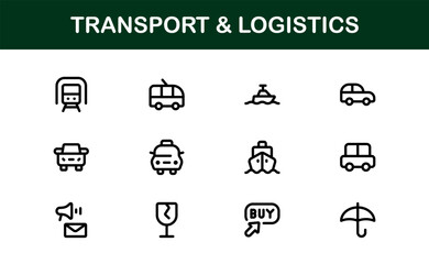 Transport Logistics Delivery and Cargo Icon Collection. Modern Shipping, Freight, Supply Chain, and Distribution Vector Illustrations