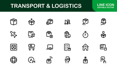 Transport Logistics Delivery and Cargo Icon Collection. Modern Shipping, Freight, Supply Chain, and Distribution Vector Illustrations