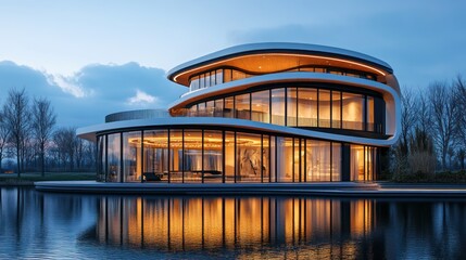 Contemporary circular villa illuminated on the water's edge at twilight hour
