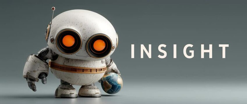 Rustic robot labeled 'INSIGHT' talks while cradling a globe while blinking orange eyes and turning in place on a neutral background, symbolizing thoughtfulness and observation.