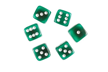 Six Green Dice with White Dots on Black Background Showing Different Numbers
