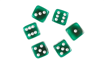 Six Green Dice with White Dots on Black Background Showing Different Numbers