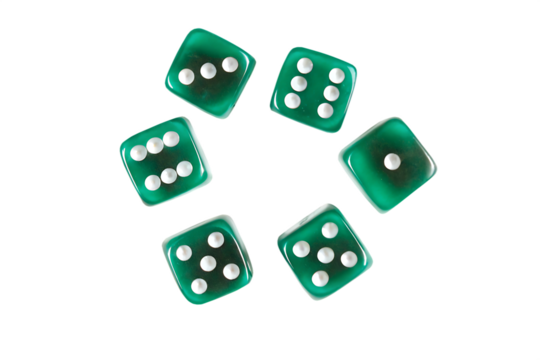 Six Green Dice with White Dots on Black Background Showing Different Numbers