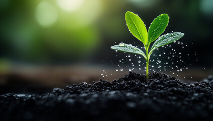 Young plant sprouting in dark soil with water droplets showing the importance of hydration, natural nurturing, and plant development