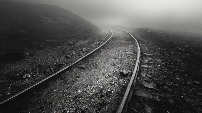 Eerie monochrome journey: Railway tracks disappear into mysterious fog