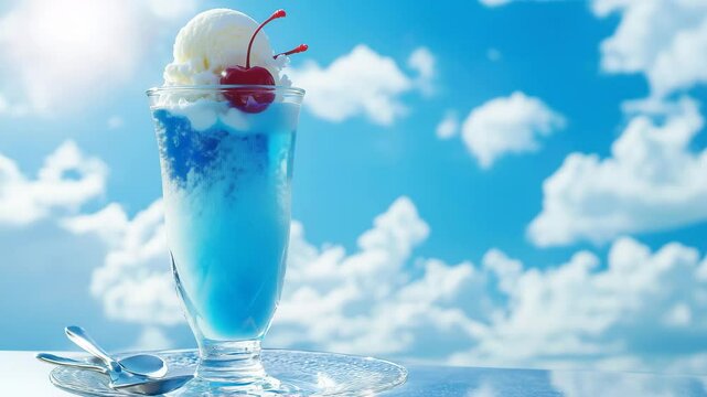 青いクリームソーダと夏空