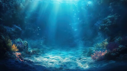 Sunlit underwater world with coral reefs and marine life creates a serene atmosphere