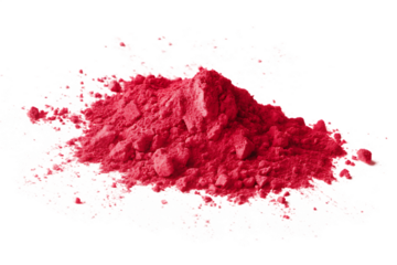Pile of vibrant red powder isolated on black background textured crimson dust food coloring pigment cosmetic ingredient