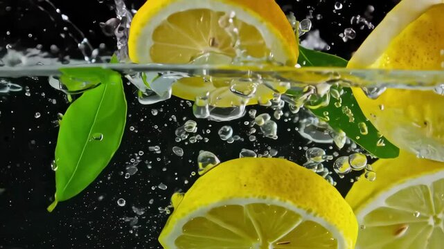 Zesty Citrus Splash: Witness a vibrant display of sliced lemons and lush green leaves amidst a refreshing water splash, capturing the essence of a summer thirst quencher.