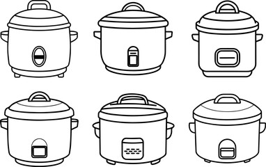 Set of rice cookers outline vector and illustration, coloring book page