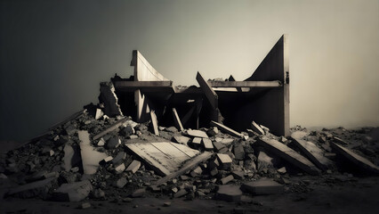 Building Demolition Scene with Debris and Concrete Ruins Creating Stark Image