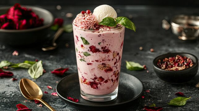 A tall glass of falooda with rose syrup, basil seeds, vermicelli, and a scoop of ice cream, beautifully garnished