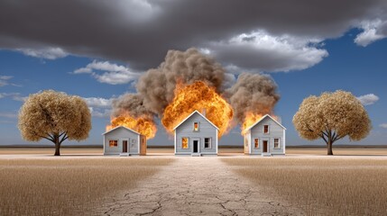 Houses engulfed in flames create a dramatic scene against a cloudy sky, illustrating devastation and destruction.
