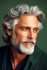 Obraz premium Idea of style for aging men. Fashionable men's side part haircut - midlife white man with grey hair. A stylish haircut framing a fashionable manâ€™s face. Green solid background.