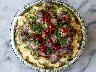 Creamy mashed potatoes topped with meat and sauce