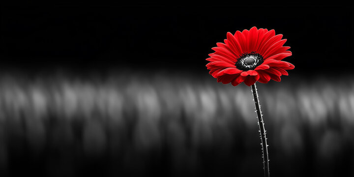 Single red daisy on a dark blurred background highlighting contrast, minimal floral design, and emotional expression