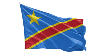 Vibrant flag of the Democratic Republic of the Congo waving against a clear blue sky, symbolizing national pride and identity