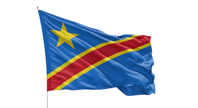 Vibrant flag of the Democratic Republic of the Congo waving against a clear blue sky, symbolizing national pride and unity (1)