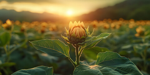 Sunflower Bloom at Sunset: A solitary sunflower bud takes center stage amidst a vast field, bathed in the golden light of a setting sun. A serene portrait of nature's beauty and renewal.