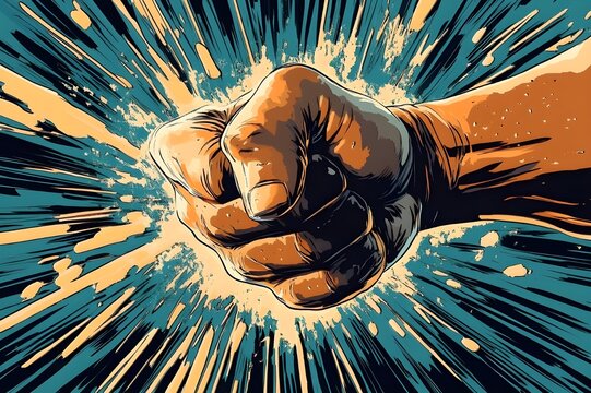 Comic style illustration featuring tomoi action close-up with sweat splattered, fist nearly hitting target, background full of dramatic motion lines