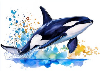 Obraz premium Orca Whale Leaping Above Vibrant Ocean Waves in Watercolor Style