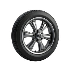 Obraz premium Detailed and Realistic Car Wheel Render, Showcasing Chrome Rim and Tire Tread Design for Automotive Enthusiasts