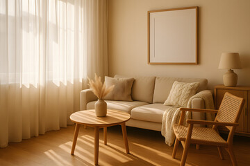 Scandinavian Living Room with Warm Light and Wood Tones