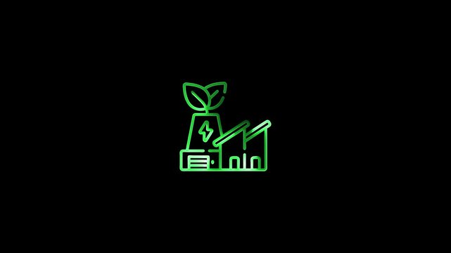 glowing neon factory icon animation black background. 4K Video motion graphic animation.