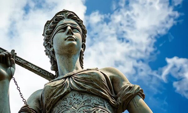 Statue of Justice Under a Bright Blue Sky with Puffy White Clouds Depicting Law and Judgement