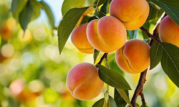 Sun Drenched Peaches Hanging Heavily from a Branch with Soft Green Foliage and Glowing Bokeh Circles in Background