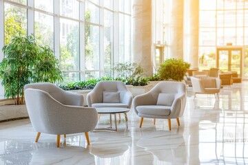 Modern, bright lobby with comfortable seating and greenery