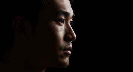 Asian man portrait in profile with dramatic lighting and dark background